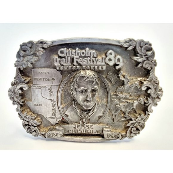 VINTAGE PEWTER 1989 CHISHOLM TRAIL NEWTON KANSAS FESTIVAL BELT BUCKLE LIMITED ED - Picture 1 of 3